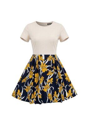 Vintage Oxiuly Fashion Womens Dress Floral Patchwork Swing Pockets Navy Size 2XL